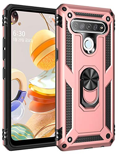 DEDUX Hülle für LG K61/Q61 [Tough Armour Series] Rugged Anti-Scratch PC Rückwand Schale + Shockproof TPU + Faltbarer Halterungen. Roségold