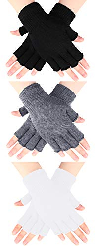 SATINIOR 3 Paar Halbfinger Winter Handschuhe - Fingerlose Strick Handschuhe für Männer Frauen (Schwarz, Hellgrau, Weiß)