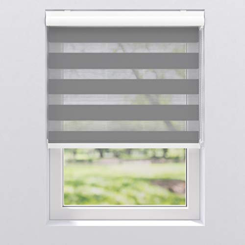 Doppelrollo Duo Rollo mit Alu Blende Fenster Kettenzugrollo Seitenzugrollo Kassettenrollo | 40-220 cm breit | 130, 175 und 240 cm hoch | Streifen Blickdicht und transparent | 130 x 175 cm, Grau