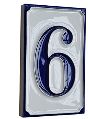 Piastrelle per numeri civici in ceramica italiana, dipinte a mano, semplici, blu e bianche, 11 cm x 7 cm (numero 6)