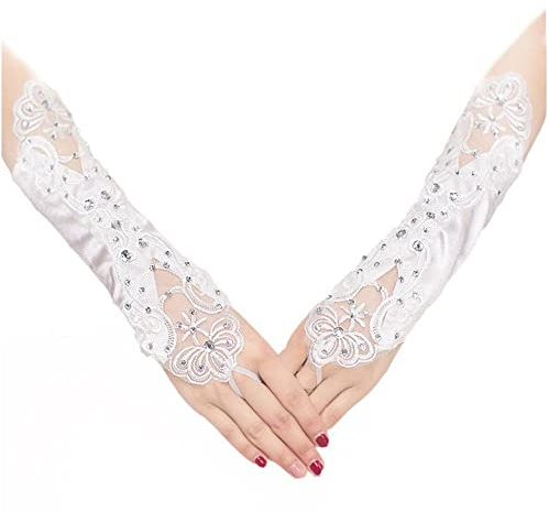 GIVBRO Damen Satin-Handschuhe, fingerlos, Strass, Brauthandschuhe, Zubehör für Party, Bar, Hochzeit, Kleid (#A)