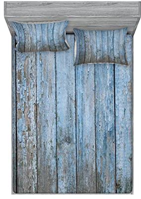 Ambesonne Fence 2 Pack Fitted Sheet & Pillow Sham Set, Grungy Painted Wooden Fence, 4 Pcs Bedding Decor, Package Contains 2 Queen Size Fitted Sheets & 4 Pillow Covers, Pale Azure Blue Dust