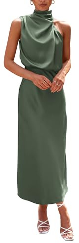 PRETTYGARDEN Women's 2025 Summer Satin Dress Elegant Sleeveless Mock Neck Cocktail Party Maxi Dresses (Army Green,Small)