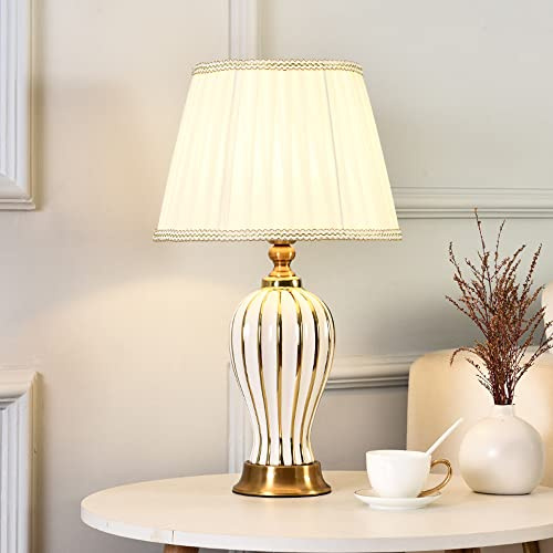 Mengjay Klassische Vintage Art Keramik Tischlampe, Vase-Like-Tuch Lesebuch-Licht Schreibtischlampe Porzellan-Antike Blumen verzierte Nacht Birne Beistelltisch Dresser，für Schlafzimmer/Wohnzimmer