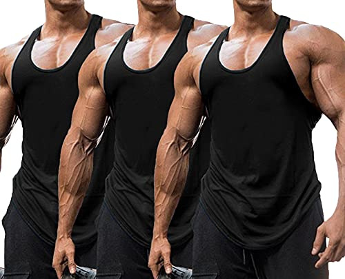 Babioboa Herren 3er Pack Gym Workout Tanktops Y-Back Muscle Tee Stringer Bodybuilding Ärmellose T-Shirts Schwarz*3 L