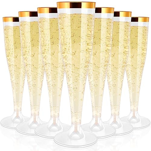 RAIHOMKIT 100 Pack Plastic Champagne Flutes Disposable,Gold Rim Plastic Champagne Glasses,4.5 Oz Clear Disposable Champagne Flute,Mimosa Glasses Plastic Toasting Glasses for Wedding Party Supplies