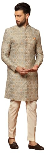 KISAH Men's Multicolor Sherwani Trousers Set, Cotton Full Sleaves, Knee Length, Straight, Regular Fit, Mandarin Collar Ethnic Wear 42 Multicolour & Thanksgiving