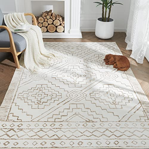 TOPICK Rug 120x180cm Washable Soft Taupe Rug Lightweight Short Pile Non Slip Geometric Print Carpet for Kitchen Living Room Bedroom Office Dining Room