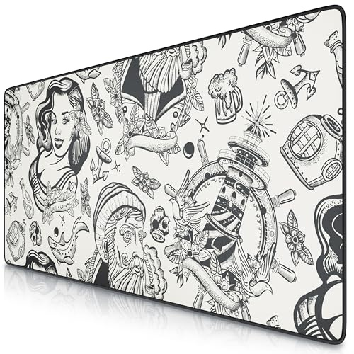 TITANWOLF - XXL Speed Gaming Mauspad Titanwolf Schwarz 900 x 400mm - XXL Mousepad - Tischunterlage Large Size - verbessert Präzision und Geschwindigkeit - Sailor Tattoo Design