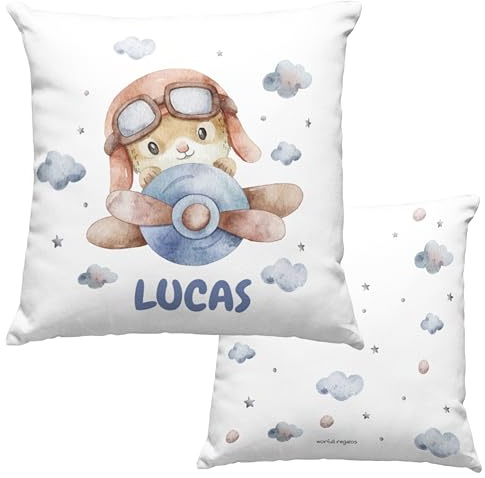 Cojín personalizado, cojín con nombre, guardería, cojín infantil, decoración infantil, cumpleaños, niños, bebé, almohada, vuelta al cole, amigos, regalo original, nacimiento. (AVIONETA)