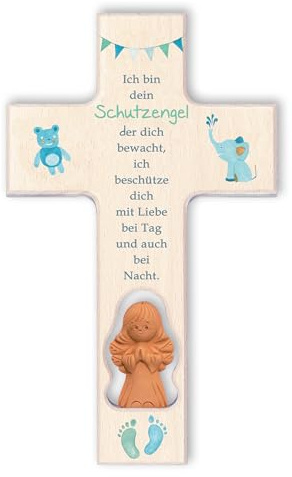 Fritz Cox Holz-Engelkreuz 'Taufengel' türkis, mit Tonengel für Mädchen und Jungen-direkt