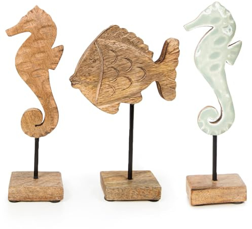 Logbuch-Verlag Maritime Deko Set Seepferdchen + Fisch aus Holz braun Mint Natur Meer Strand Badezimmerdeko 20 cm Meer und Küsten Dekoration