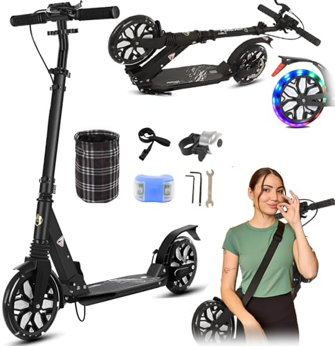 GHBXJX City Roller Erwachsene LED 200mm Big Wheel Scooter, Klappbar Cityroller mit Handbremse, Tretroller Kinder ab 8 Jahre Mädchen Jungen Teenager, Kickscooter Kinder Scooter Cityroller,Schwarz