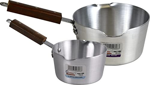 Milk Pan Set Aluminium Pan Soup Saucepan Combo Home Catering Restaurant Milk Pan with Wooden Handle (14cm & 20cm Set)