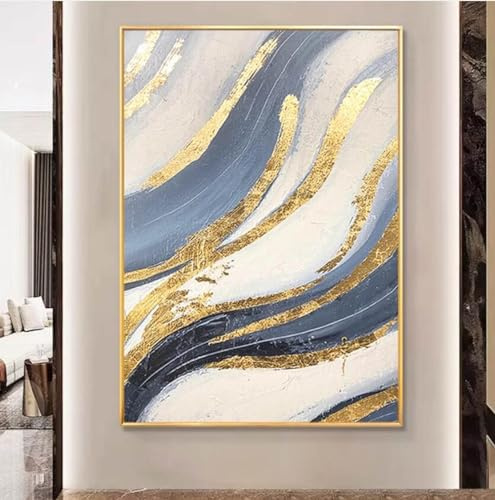 Dipinto Ad Olio Leggero E Lussuoso Dipinto A Mano - Moderno Astratto Lamina D'Oro Onde Del Mare Blu Dipinto A Mano Dipinto Ad Olio Strutturato Su Tela, Arte Della Parete Per Soggiorno Decorazione D