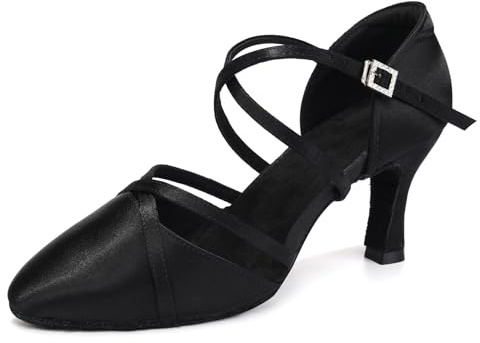 HROYL Dansskor för kvinnor latinsk salsa stängd tå låg klack tango vals performance dansskor, EM933, Svart 7,6 cm klack, 40 EU