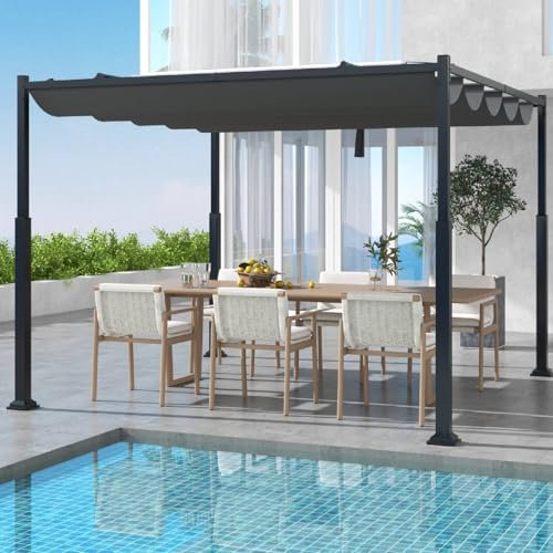 TANGZON 310 x 310 cm Large Garden Pergola, Outdoor Metal Canopy with Retractable Sunshade Roof & Sturdy Pillars, Veranda Beach Courtyard BBQ Terrace Grape Trellis Gazebo (Grey+Black)