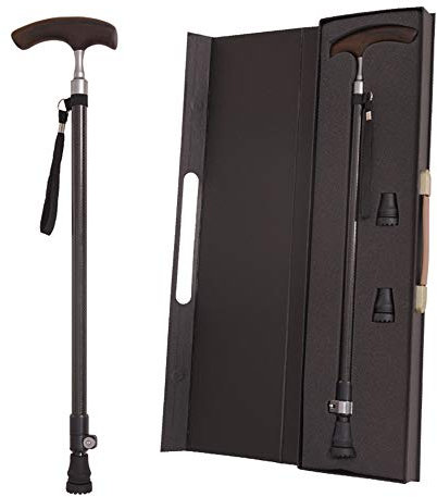 Gehstock mit Box, Teleskop-Gehstock, höhenverstellbar, ultraleichte Krücken aus Kohlefaser mit T-Griff aus Holz und Rutschfester Gummispitze, Balance