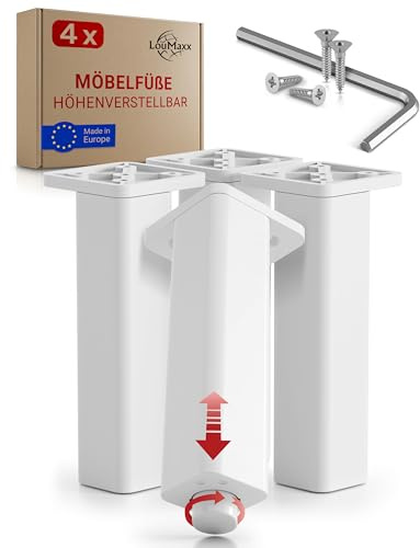 LouMaxx Möbelfüße höhenverstellbar – 4er Set 38x38x150 mm in Weiß inkl. Befestigungsplatte – Füsse für Schränke passend als Kallax Füße – Hochwertige Schrank Füße für individuelle DIY-Möbel