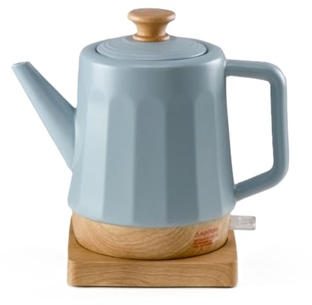 Elektrischer Wasserkocher aus Keramik, 1,5 Liter, abnehmbarer Deckel, Grau-Blau Modernes Design Harmonie, Teakettle ceramic 1500 W, grey, Deckel-Holzgriff,drehbare Basis, Öko-Design