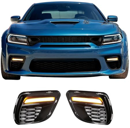 IKON MOTORSPORTS, Fog Lights Cover Compatible With 2020-2023 Dodge Charger Widebody Only, Front Lower Foglights Lamps DRL Lights Cover Turn Signal Black Fog Bezel Lights 1Pair Replacement