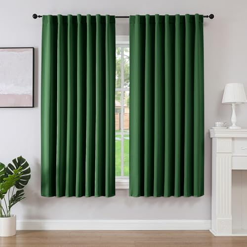 Joydeco Schlaufen Verdeckten Vorhänge 2er Set,H 175 x B 140 Dunkelgrün Verdunkelung Blackout Blickdicht Kurze Polyester Vorhang Stangendurchzug Gardinen Schlafzimmer Wohnzimmer Curtains