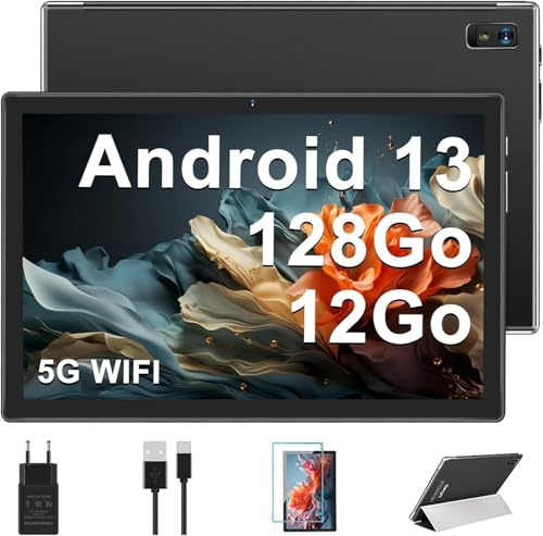 fezawio Tablette 10 Pouces Android 13, 12GO (6 + 6) RAM + 128GO ROM (TF 512GO), Octa - Core 2.0GHz, Batterie 8000mAh avec 5G WiFi, Bluetooth 5.0, Tablette avec Étui De Protection - Noir