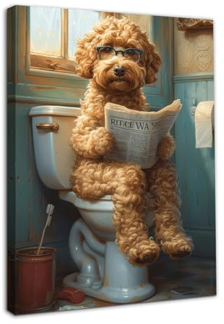 Dazzlewall Framed Funny Bathroom Wall Art Decor Dog Reading Newspaper on Toilet, Vintage Dog Canvas Wall Art for Toilet Bathroom Decor 12x16 in