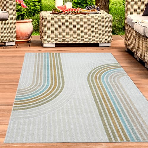 CARPETIA Outdoor Teppich wetterfest UV-beständig robust modern Balkon terrasse Camping drinnen draußen langlebig Schlafzimmer Garten elegant pflegeleicht Creme Bunt 140 x 200 cm
