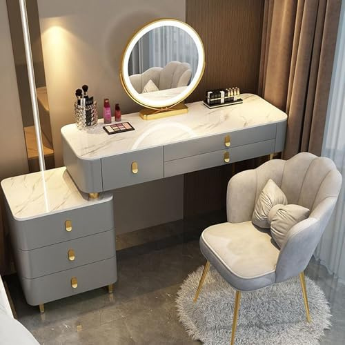 Meedlopia Toeletta da Trucco con Luci LED, 3 Modalità di Illuminazione, Tavolo da Trucco con Cassetti, Tavolo da Toeletta Moderno per Camera da Letto con Sedia in Velluto per Ragazza, Donna