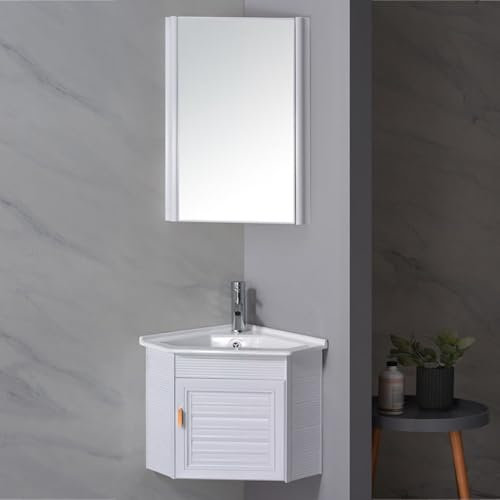 Mobile da bagno angolare piccolo con armadietto a specchio, moderno lavabo da parete con lavandino e rubinetto in ceramica, mobile da bagno con scarico