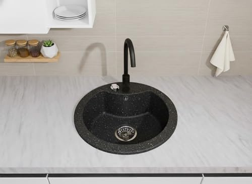 Faizee Home Granitspüle Ø 49 cm Schwarz Gesprenkelt – runde Einbauspüle aus Granit – beidseitig montierbar, kratzfest, hitzebeständig – modernes Spülbecken