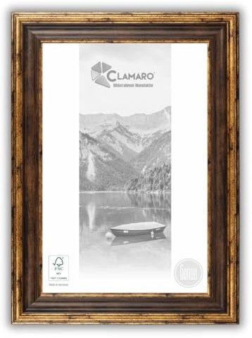 CLAMARO Genua Bilderrahmen Antik Massivholz, 76 mm, Braun Gold, 16x24 cm | aus Fichtenholz, handgefertigt in Wunschmaß, inkl. Acrylglas, HDF-Rückwand und Metall-Aufhänger, für Hoch- und Querformat