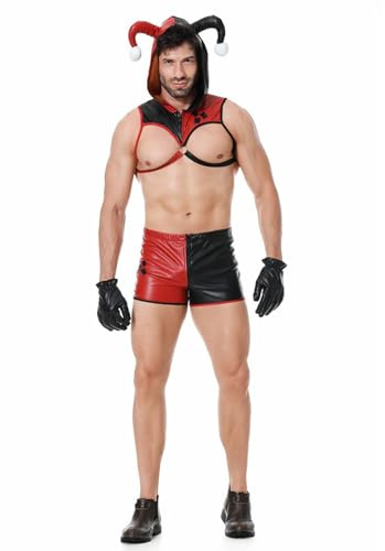 Men Lace Lingerie Men's Sexy Underwear Tight Shorts And Clothing Cosplay Game Suit Sex Outfit Includes A Top With A Hat And Shorts Glove Hot Variety Pack (Red, XL)