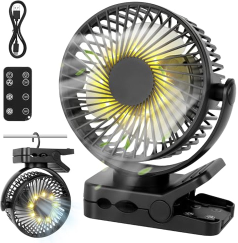 Camping Ventilator 12000mAh Akku Clip Ventilator mit Fernbedienung Wiederaufladbar Mini USB Ventilator mit LED-Licht und Timer für Zuhause Büro Outdoor Camping