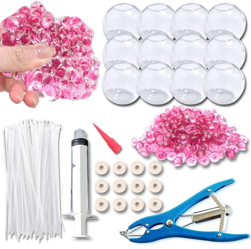 Dsyrvd 12PCS DIY Stress Ball Making Kit with Sealing Rubber Ring*12, Cable Tie*12, Balloon Expander Tool*1, Vacuum Tool*1, 100g Pink Filling Beads Great for Relieve Stress
