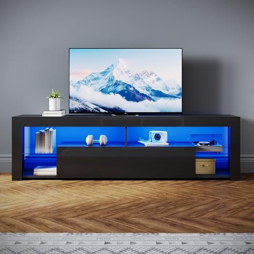SONNI TV-skåp modernt 180 cm, lågbräda högglans svart med 16 färger LED-belysning, lådor, öppna glasgolv, TV-bord för TV upp till 65 tum vardagsrum och sovrum, 180 x 35 x 50,5 cm.