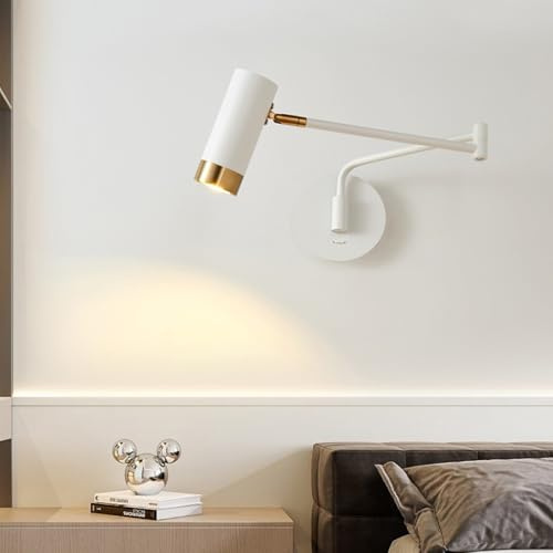 KRIPINC Industriell Wandlampe mit Schalter und Schwenkarm, E27 5W LED Schwenkbar und Ausziehbare Leselampe Wand mit Verstellbarem Langen Arm, Wandleuchte Vintage für Wohnzimmer, Schlafzimmer (Weiß)