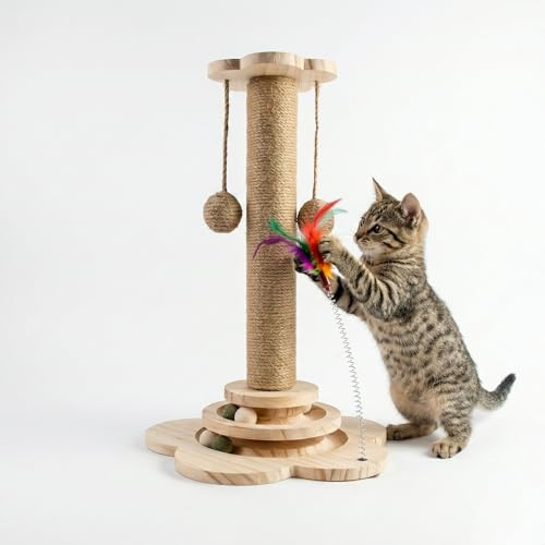Yunova Rascador para Gatitos de Madera - Poste de Rascado Interactivo con Circuito de Bolas y Pluma - Árbol para Gatos Pequeño (46cm) de Cuerda de Yute Natural - Base Antideslizante y Estable (Beige)