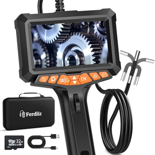 Ferdiiz 1080P Endoscope Inspection Camera, 5 LCD Screen Flexible Borescope, 8mm Pipe Endoscope Camera with Light, IP67 Waterproof Snake Borescope with a 32GB SD Card for Automotive, Engine Inspect