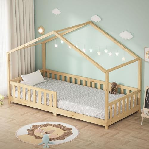 ML-Design Kinderbett Hausbett 90x200 cm Natur, Holzbett mit Rausfallschutz, Lattenrost und Dach, Spielbett aus massivem Kiefernholz für Kinder, Montessori Bodenbett Bettgestell Bettenhaus Juniorbett