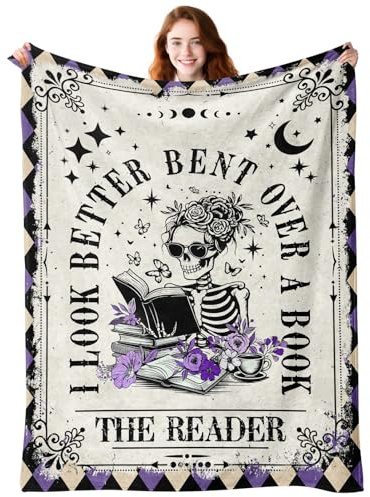 Book Lovers Gifts - Gothic Blanket for The Reader - Book Lover Gifts for Women - Bookworm Bookish Books Club Librarian Reading Gift - Skeleton Reading Blanket for Christmas Halloween Birthday 50x60