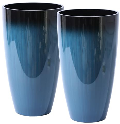 Fioriere grandi in plastica lucide blu 2 pezzi, fioriere alte per esterni, con foro di drenaggio e ripiano estraibile, per giardino, patio, veranda, ingresso, cortile, decorazione d'angolo