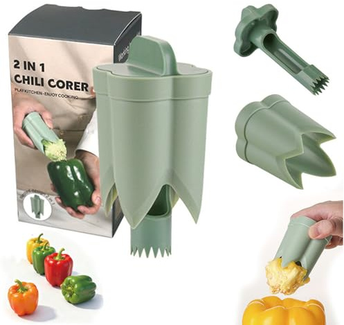 Pepper Seed Corer Remover - 2026 Upgraded 2-in-1 Bell Pepper Cutter & Deseeder: Effortlessly Streamline Your Kitchen Prep for Faster, More Efficient, & Hassle-Free Meal Prep (1, Green)