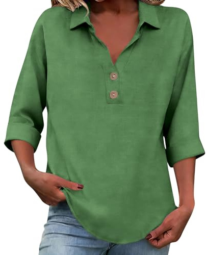 Dyhxuan Blusa de muselina para mujer, manga 3/4, blusa de lino, botones, cuello en V, elegante solapa, parte superior, monocolor, manga tres cuartos, camiseta informal para mujer, verde, XL