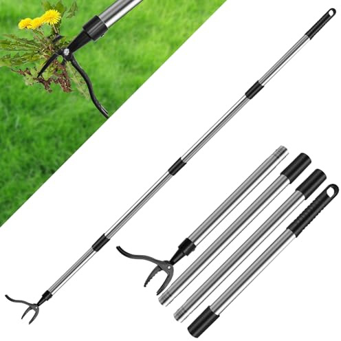 JNUYISW Extractor de Malas Hierbas, 148cm Extractor de Maleza Mango Largo con 4 Garras y Pedal Extractor de Malezas de Jardín Desmalezado Efectivo sin Agacharse ni Arrodillarse para Jardín y Césped
