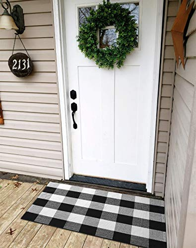 HOMSPE Buffalo Plaid Teppich Baumwolle Veranda Teppiche Schwarz und Weiß kariert Plaid Fußmatte handgewebt waschbar Flickenteppich Bodenmatte Outdoor-Dekoration, 59,9 x 89,9 cm