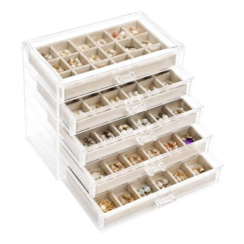 PNSXING Jewelry Organizer Box, Clear Acrylic, 5 Drawers, For Women, Beige