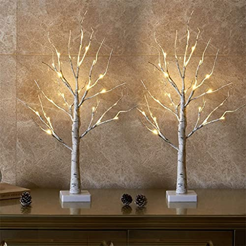 EAMBRITE Lighted Birch Tree Home Decor, 2Pack 24 LED Light Up Tabletop Mini Small Artificial White Trees Lamp with Lights Battery Operated/USB for Christmas Indoor Table Mantel Decorations (2FT)