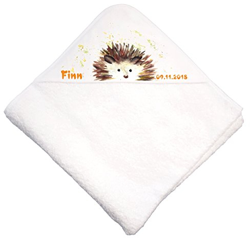 Nashville print factory Baby Kapuzenhandtuch Kapuzentuch Handtuch mit Kapuze Babybadetuch Hooded Towel Decke Babydecke| Bedruckt mit Namen (Igel)